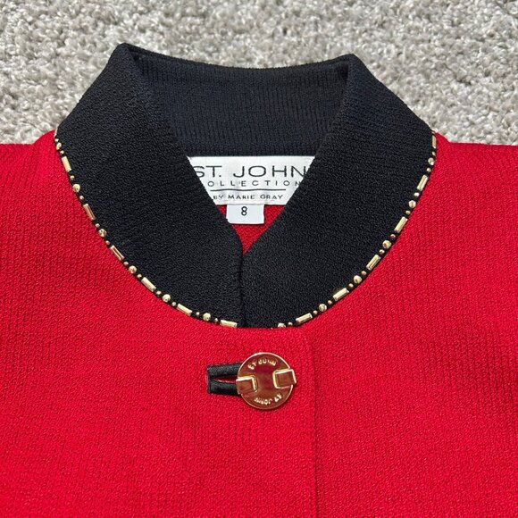 St. John Collection Womens Sz 8 Red Knit Blazer & Black Tank Set Gold Button - Picture 4 of 14